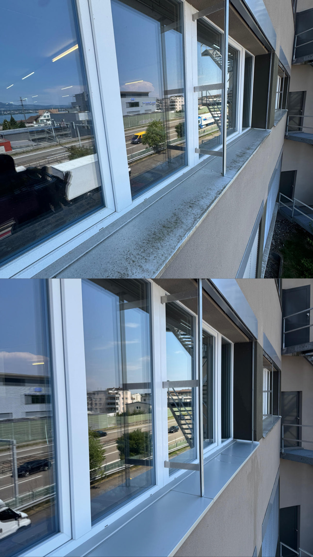 Fensterreinigung Bürogebäude – Vorher und Nachher
